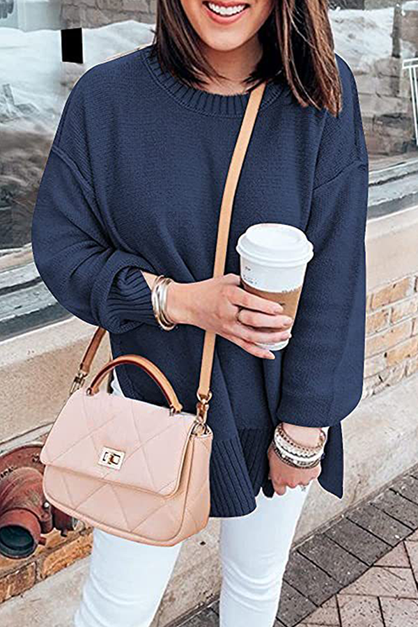 Casual Solid Patchwork Slit O Neck Tops Sweater