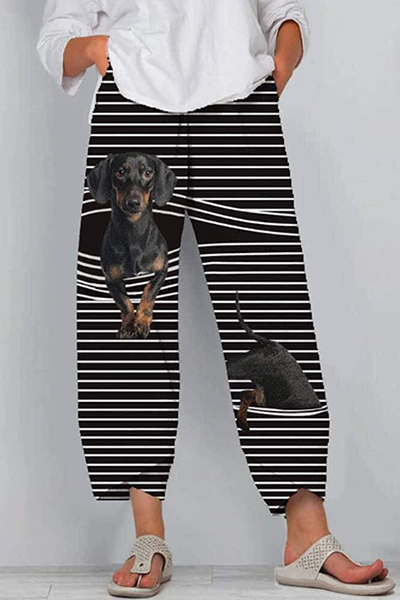 Street Striped Print Split Joint Capris Straight Harlan Positioning Print Bottoms