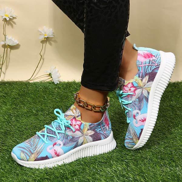 Women's Flat Lace-Up Flying Woven Breathable Printing Graffiti Casual Sneakers 43665814C