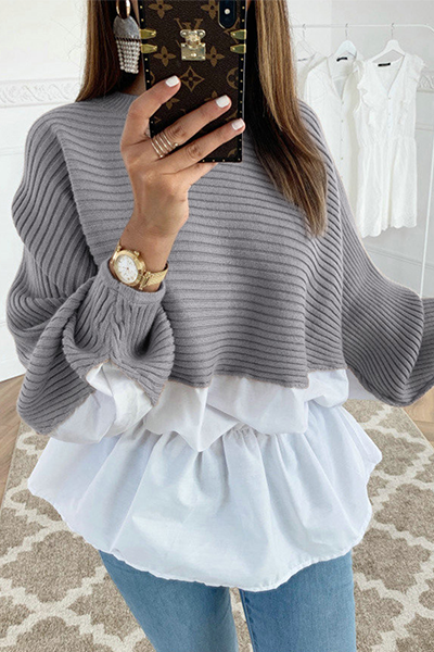 Casual Patchwork Fold Contrast O Neck Tops