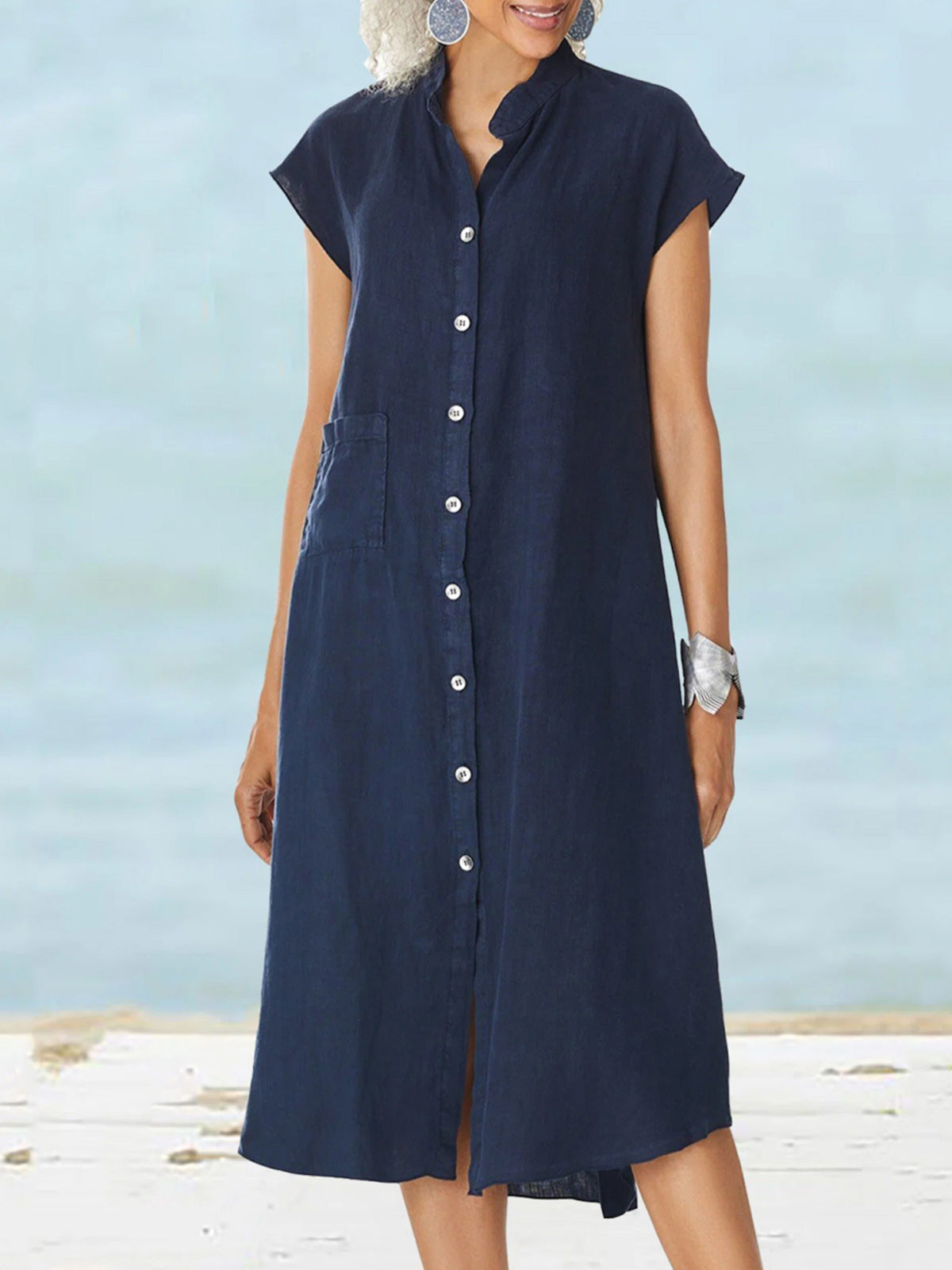 Loose V-Neck Short Sleeve Button Solid Color Linen Dress