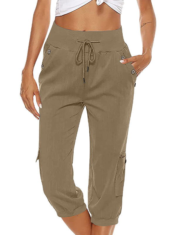 Women's Drawstring Cargo Pants Elastic Waist Casual Capri