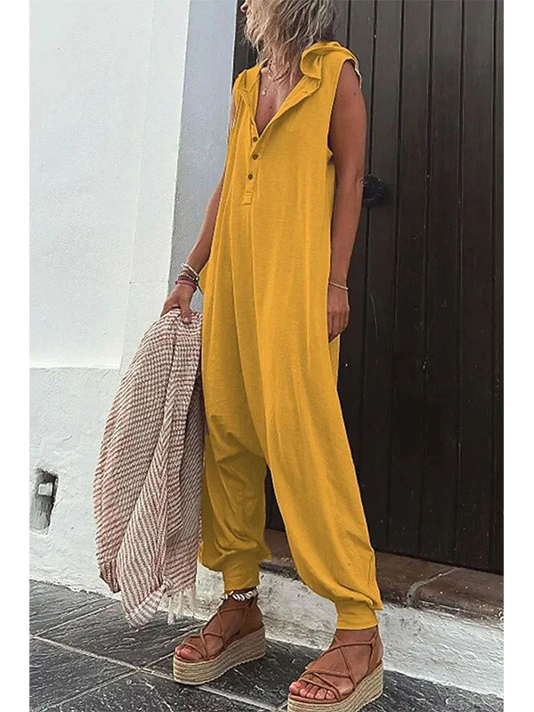 Women's Half Button Hooded Sleeveless Jumpsuit