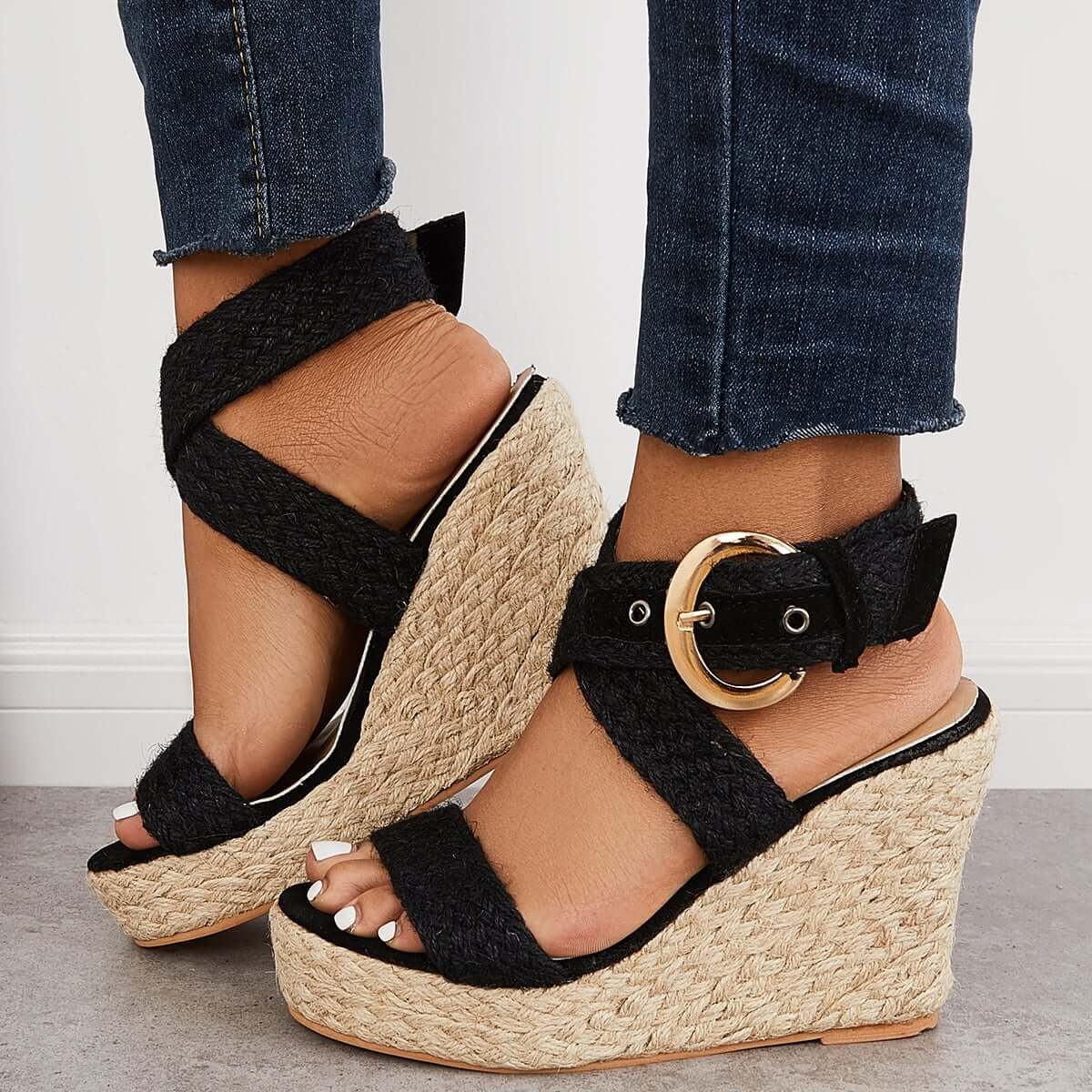 Criss Cross Ankle Strap Espadrille Wedges Platform Sandals