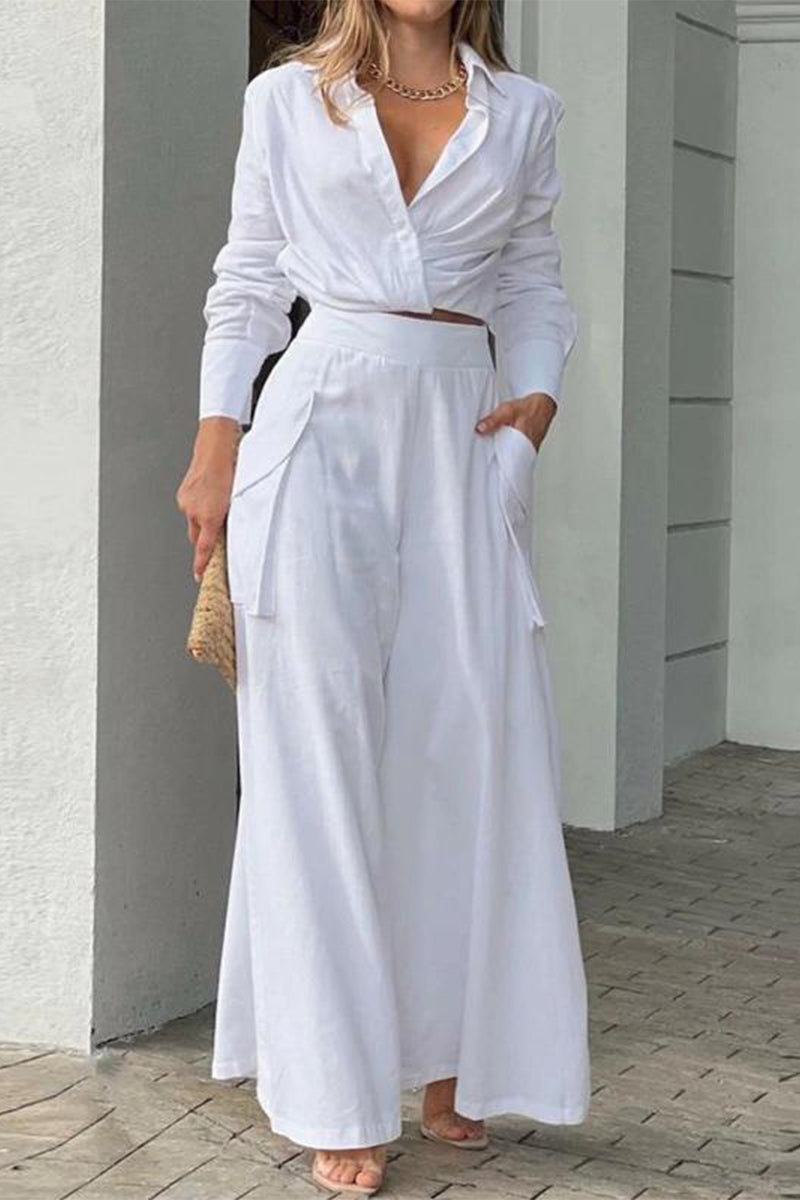 Elegant Simplicity Solid Pocket Solid Color Turndown Collar Long Sleeve Two Pieces(6 Colors)