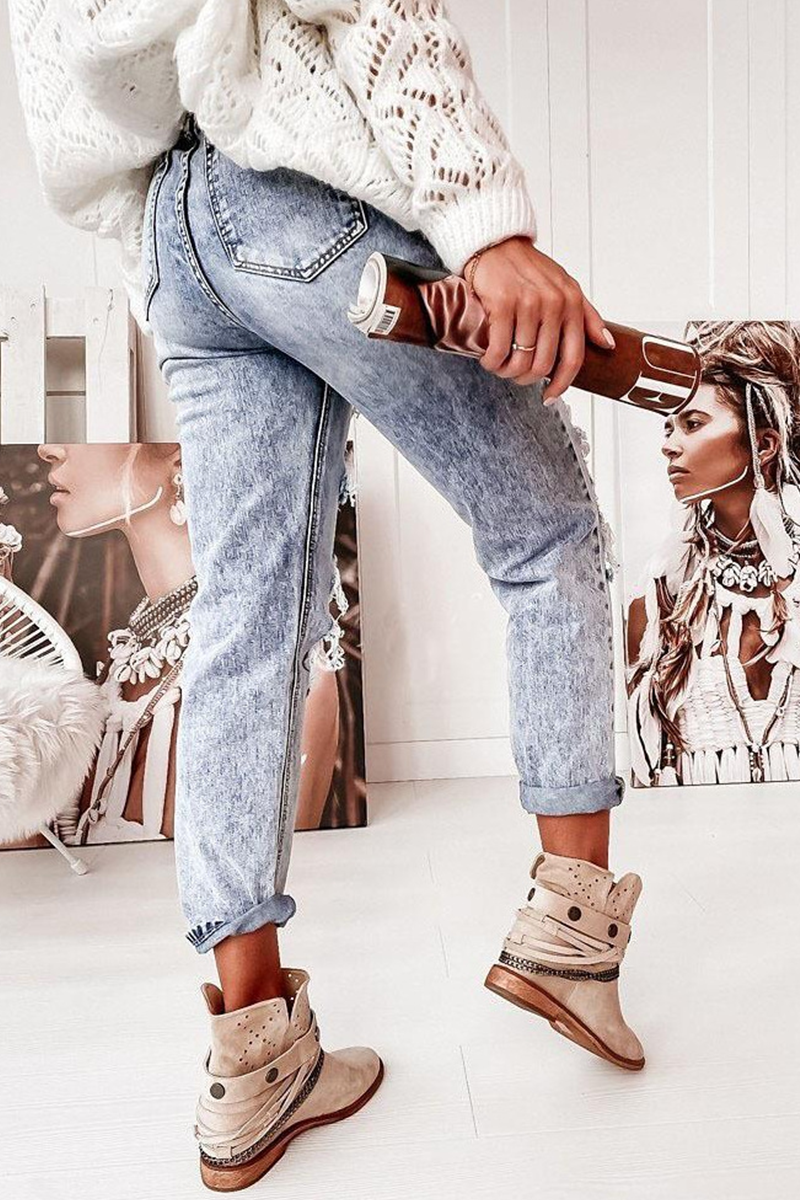 Street Solid Tassel Ripped Pencil Bottoms