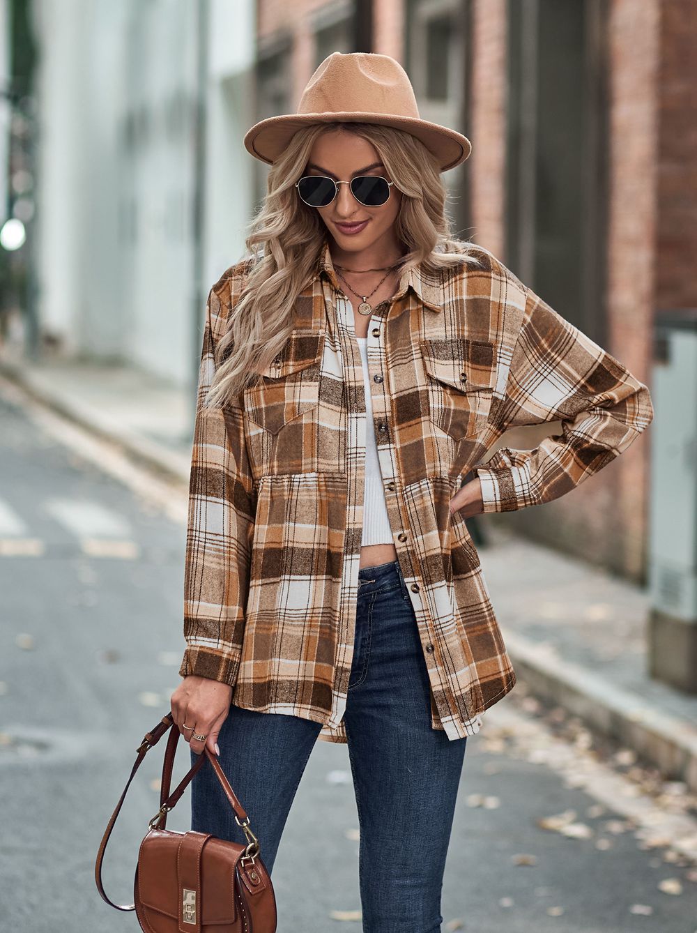 Lapel Long Sleeve Casual Check Shirt