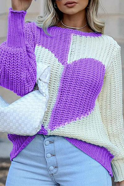 Casual Patchwork Contrast O Neck Tops Sweater
