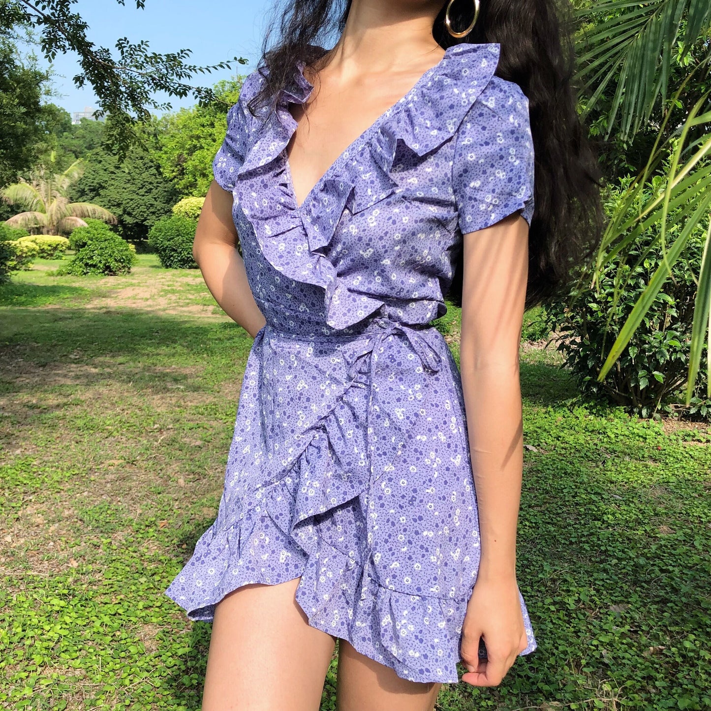 Purple Floral Ruffled Wrap Dress