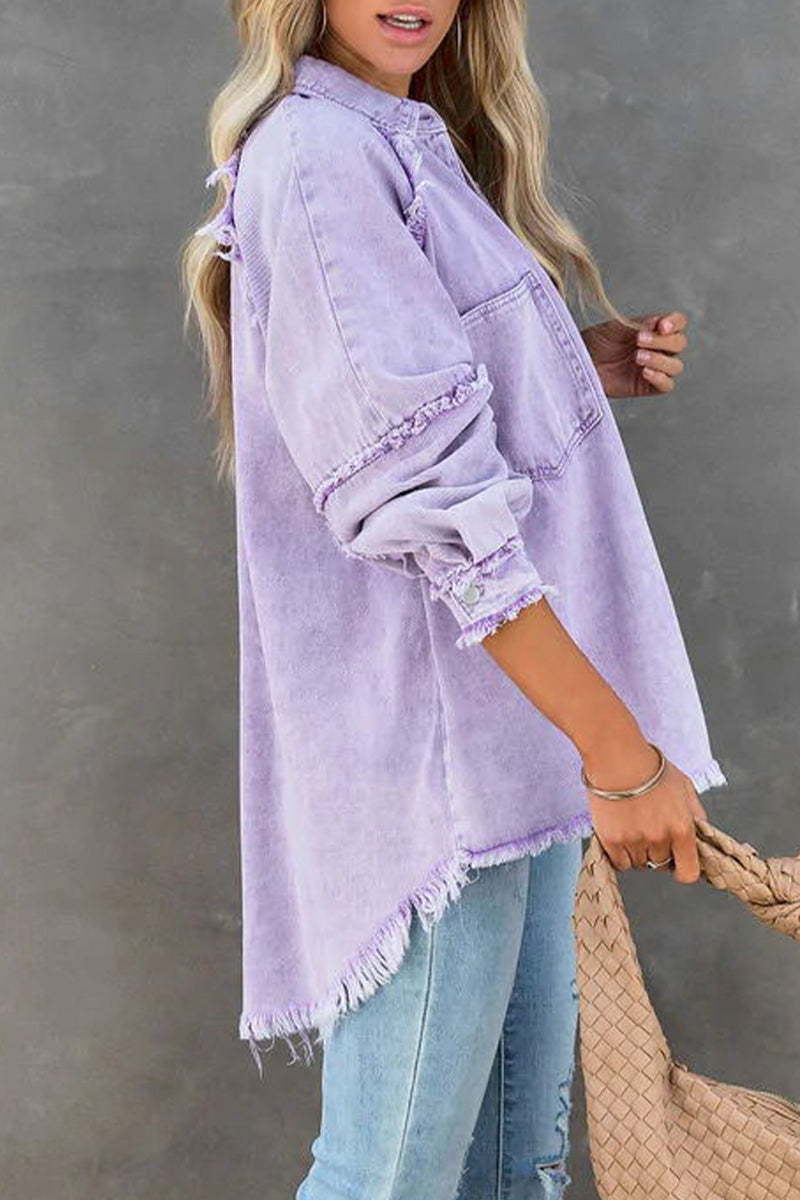 Fashion Casual Solid Tassel POLO collar Long Sleeve Straight Denim Jacket(3 Colors)