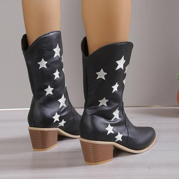Women's Fashion Casual Star Chunky Heel Mid-calf Boots 79504262S