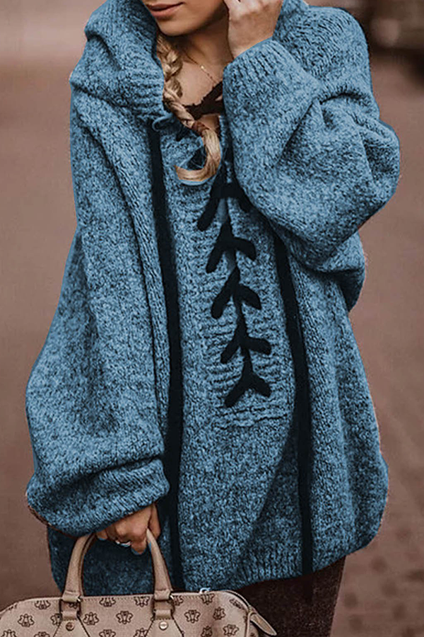 Casual Patchwork Patchwork Cross Straps Hooded Collar Tops