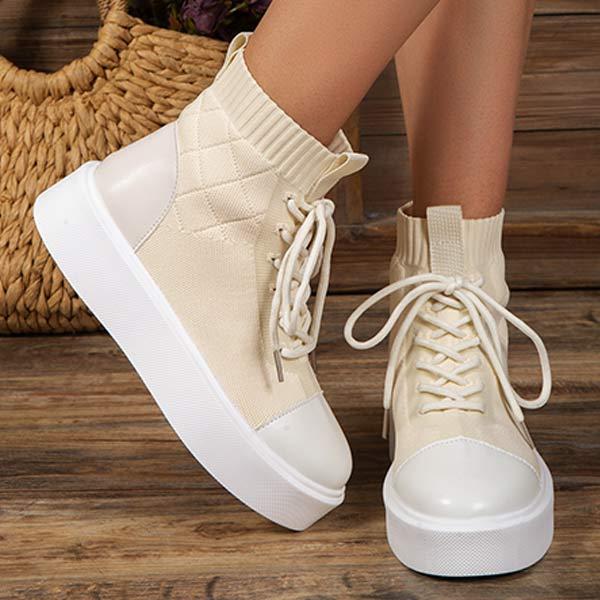 Women's High-Top Round Toe Platform Lace-Up Flying Woven Shoes 79606283C
