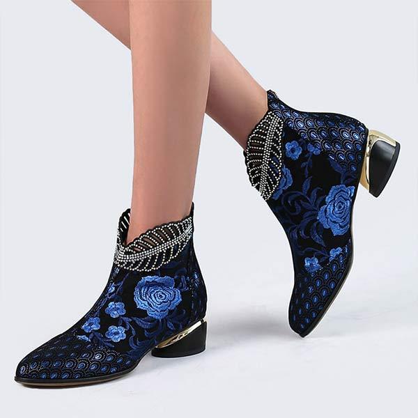 Women's Embroidered Rhinestone Chunky Heel Martin Boots 58815161C
