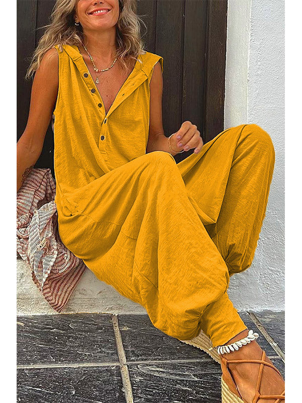 Women's Half Button Hooded Sleeveless Jumpsuit