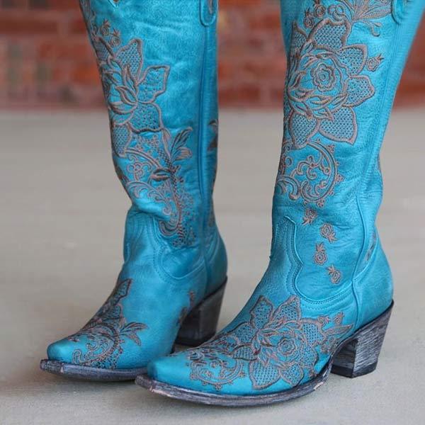 Women'S Embroidered Chunky Heel Rider Boots 59126917C