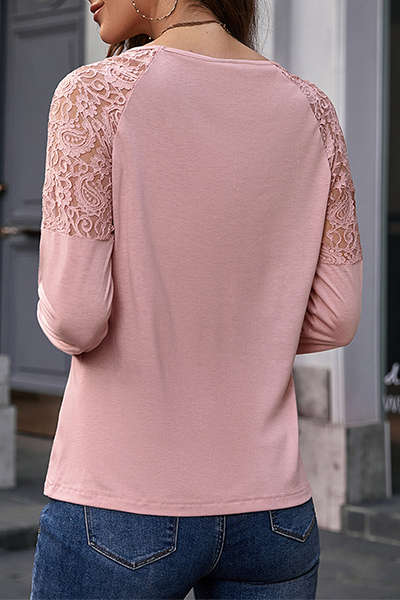 Casual Patchwork Lace Hollowed Out O Neck Tops