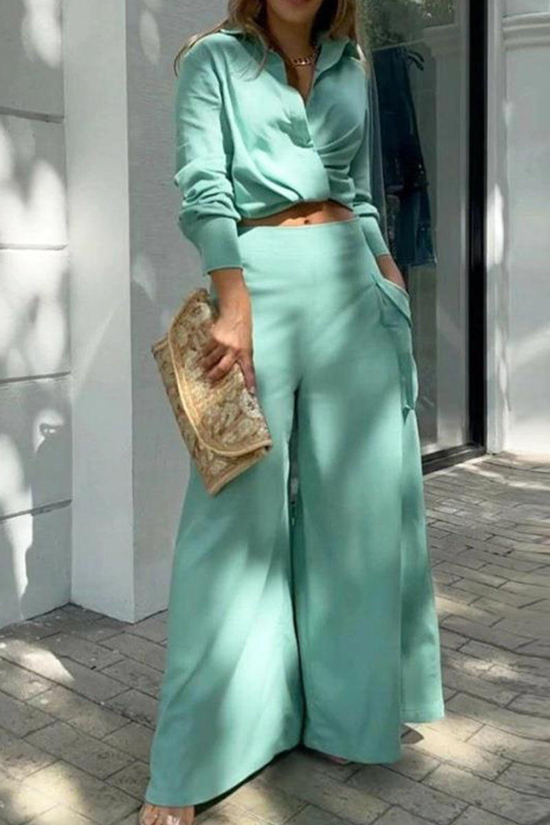 Elegant Simplicity Solid Pocket Solid Color Turndown Collar Long Sleeve Two Pieces(6 Colors)