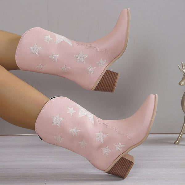 Women's Fashion Casual Star Chunky Heel Mid-calf Boots 79504262S
