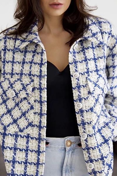 Casual Plaid Pocket Buckle Turndown Collar Outerwear