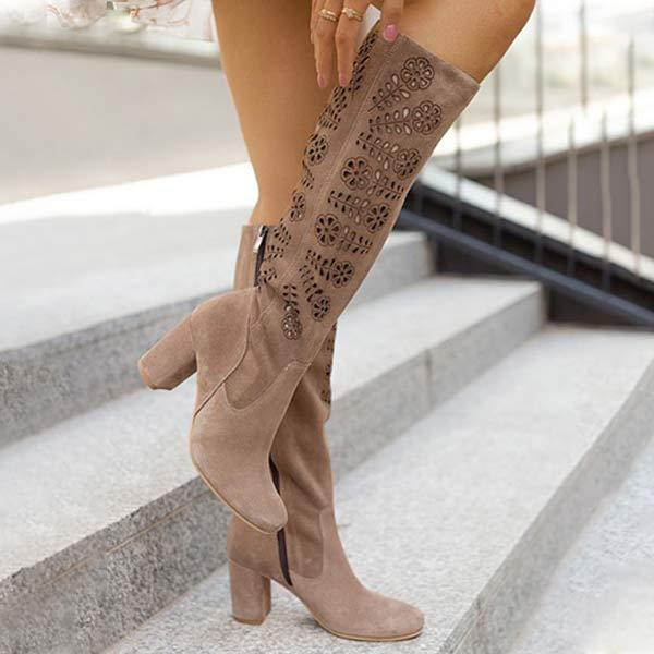 Women's Fashion High Heel Burnished Floral Chunky Heel Suede Knee-high Boots 95662970C