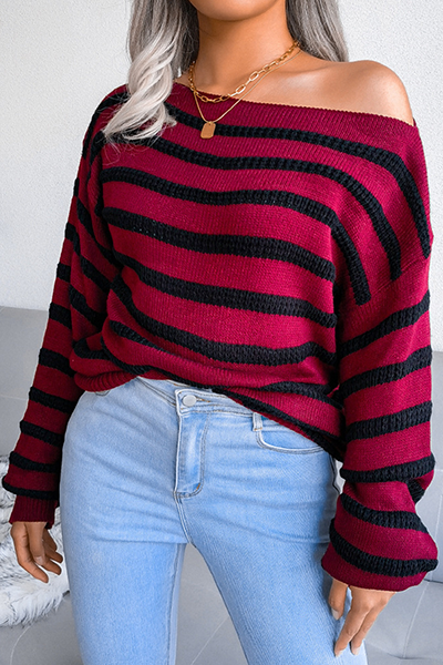 Casual Striped Split Joint Contrast Off the Shoulder Tops