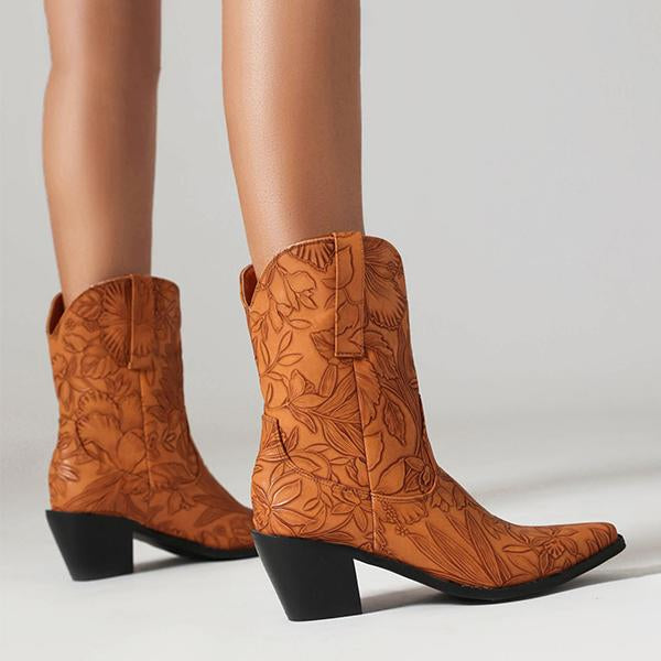 Women's Fashion Embossed Chunky Heel Cowboy Boots Ankle Boots 62876380S