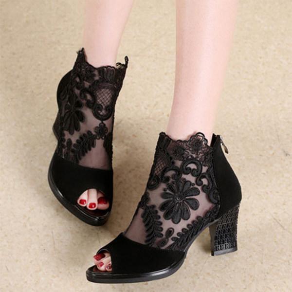 Women'S Chunky Heel Open Toe Lace Sandals 29617810