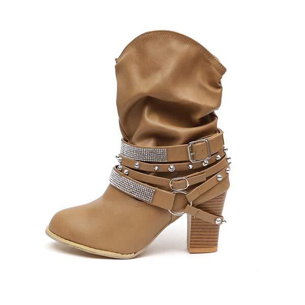 Women'S Chunky Heel Rhinestone Belt Buckle Round Toe Boots 02680696C