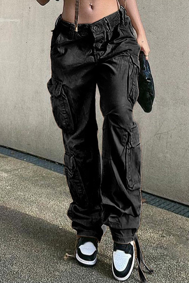Street Solid Patchwork Pocket Straight Straight Solid Color Bottoms(4 Colors)