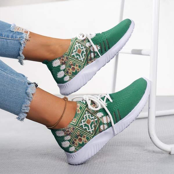 Women's Floral Round Toe Lace-Up Flat Comfortable Mesh Casual Sports Shoes 43567896C
