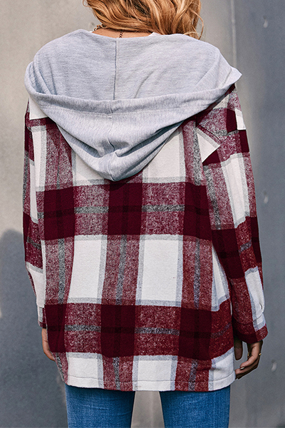 Casual Plaid Draw String Buckle Hooded Collar Outerwear