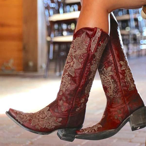 Women'S Embroidered Chunky Heel Rider Boots 59126917C
