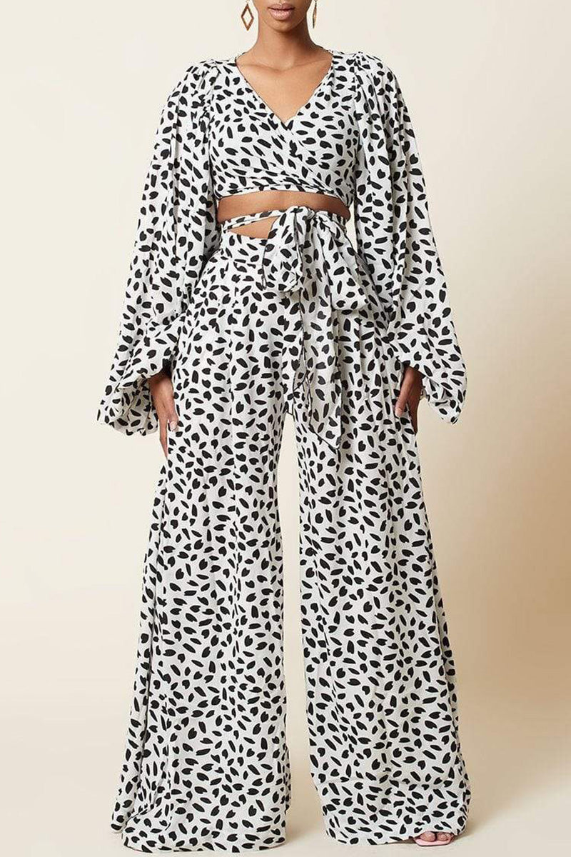 Fashion Casual Print Bandage V Neck Long Sleeve Two Pieces