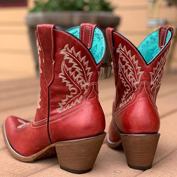 Women'S Embroidered Pointed Toe Chunky Heel Booties 30004646C