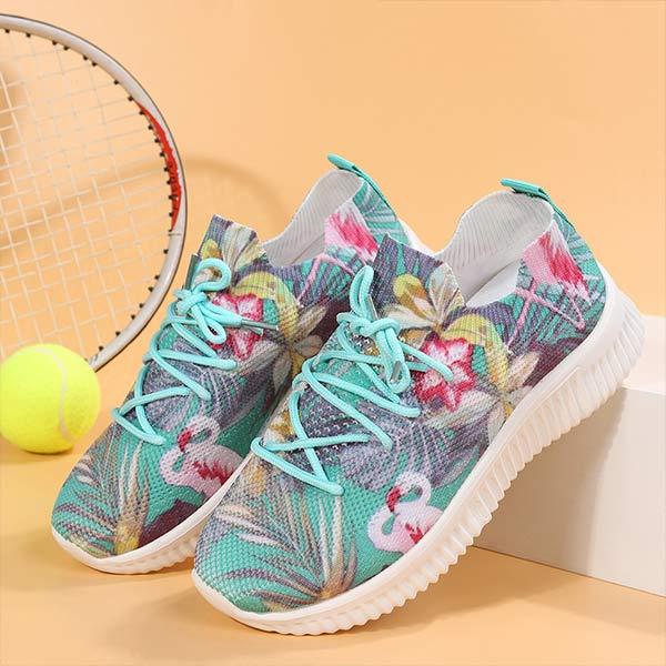 Women's Flat Lace-Up Flying Woven Breathable Printing Graffiti Casual Sneakers 43665814C
