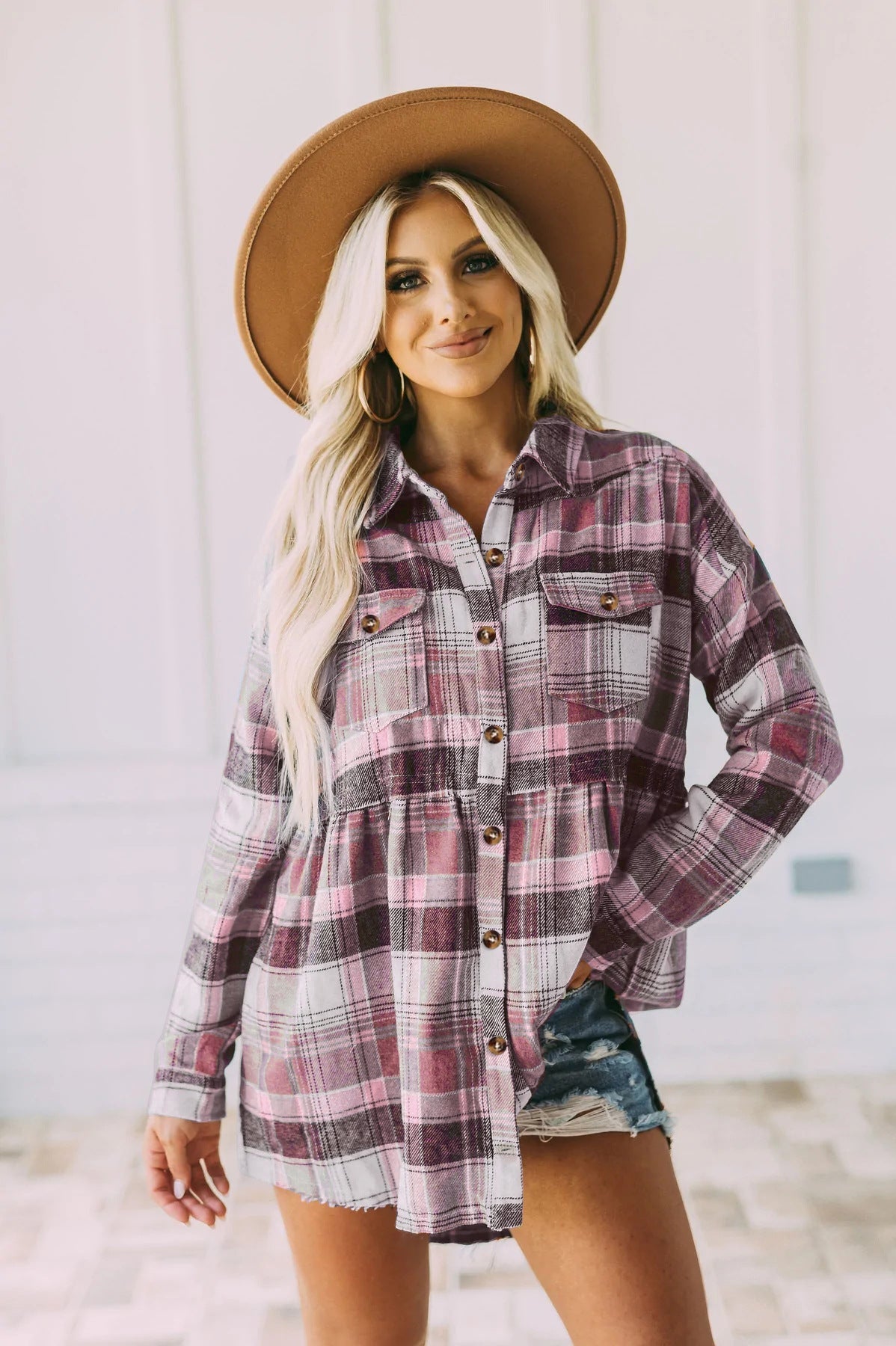 Lapel Long Sleeve Casual Check Shirt