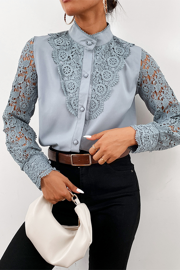 Elegant Solid Lace Hollowed Out Buckle Mandarin Collar Tops