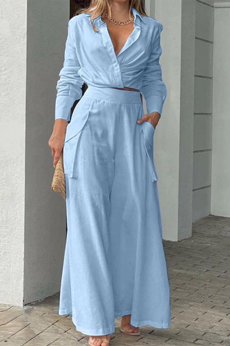 Elegant Simplicity Solid Pocket Solid Color Turndown Collar Long Sleeve Two Pieces(6 Colors)