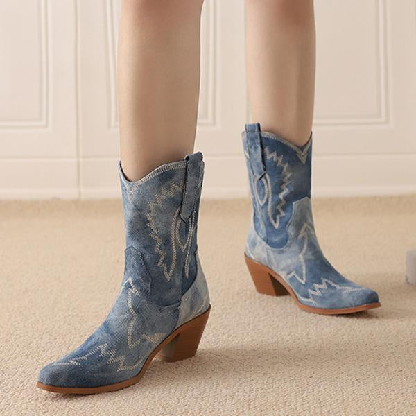 Women's Fashion Denim Embroidered Chunky Heel Booties 38966593S