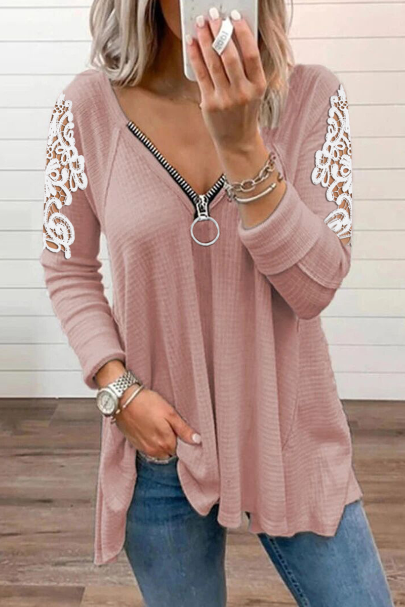 Casual Patchwork Lace Zipper V Neck Tops(4 Colors)