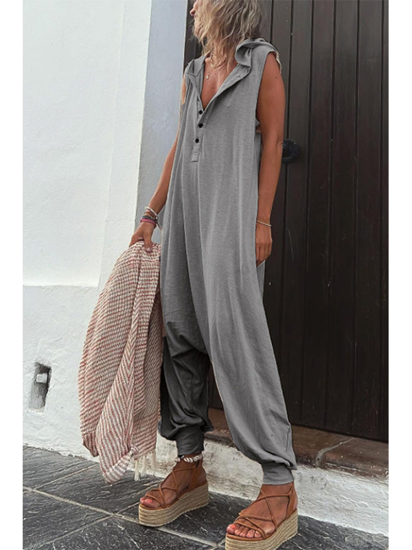 Women's Half Button Hooded Sleeveless Jumpsuit