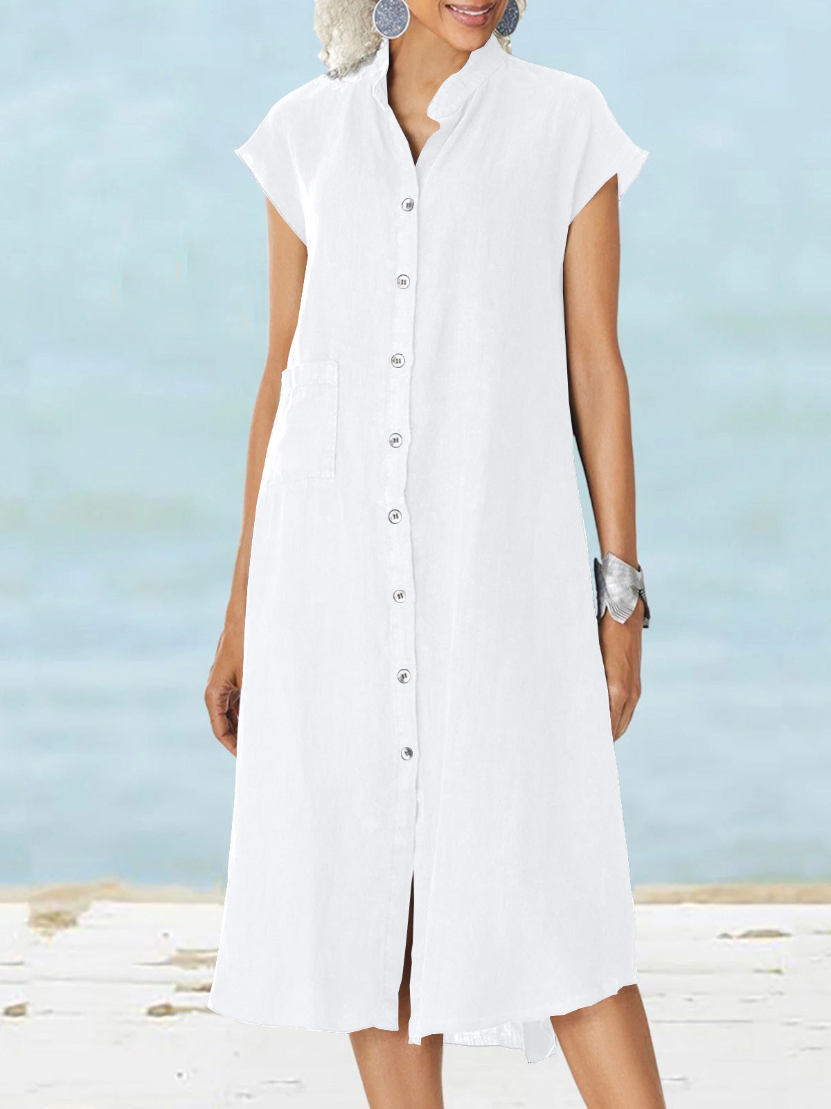Loose V-Neck Short Sleeve Button Solid Color Linen Dress