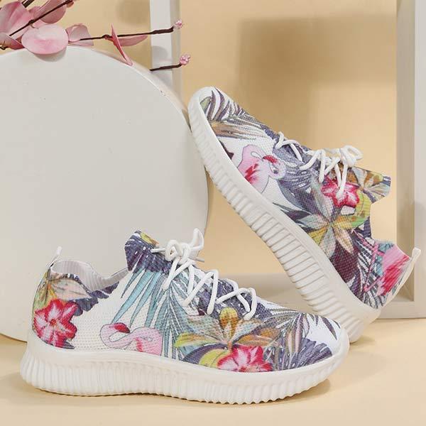 Women's Flat Lace-Up Flying Woven Breathable Printing Graffiti Casual Sneakers 43665814C