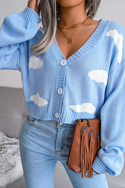 Casual Patchwork Buckle Contrast V Neck Tops Sweater