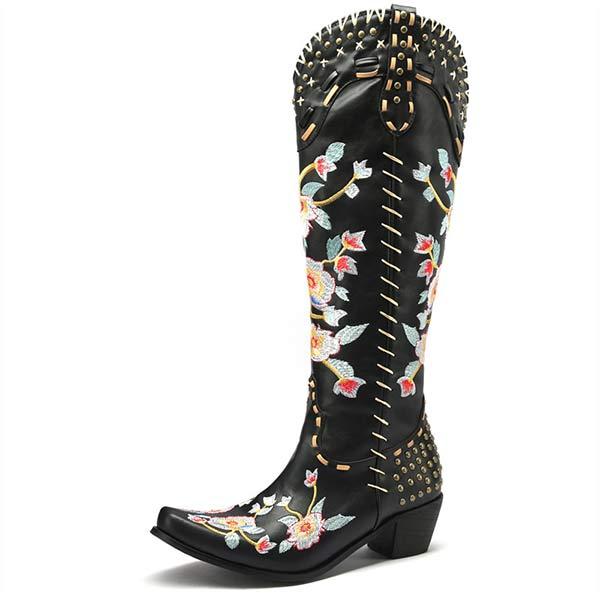 Women's Embroidered High-Calf Mid-Heel Cowboy Boots 17883004C