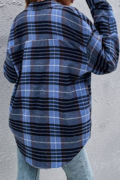 Casual Plaid Split Joint Buckle Turndown Collar Tops
