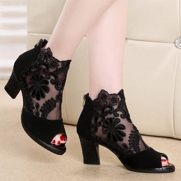 Women'S Chunky Heel Open Toe Lace Sandals 29617810