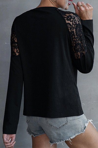 Casual Patchwork Lace Hollowed Out O Neck Tops