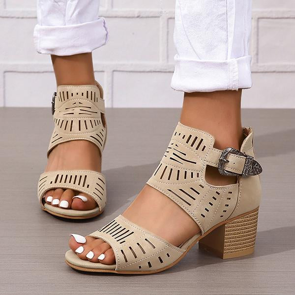 Women's Fashion Hollow Zipper Chunky Heel Sandals 89606513C